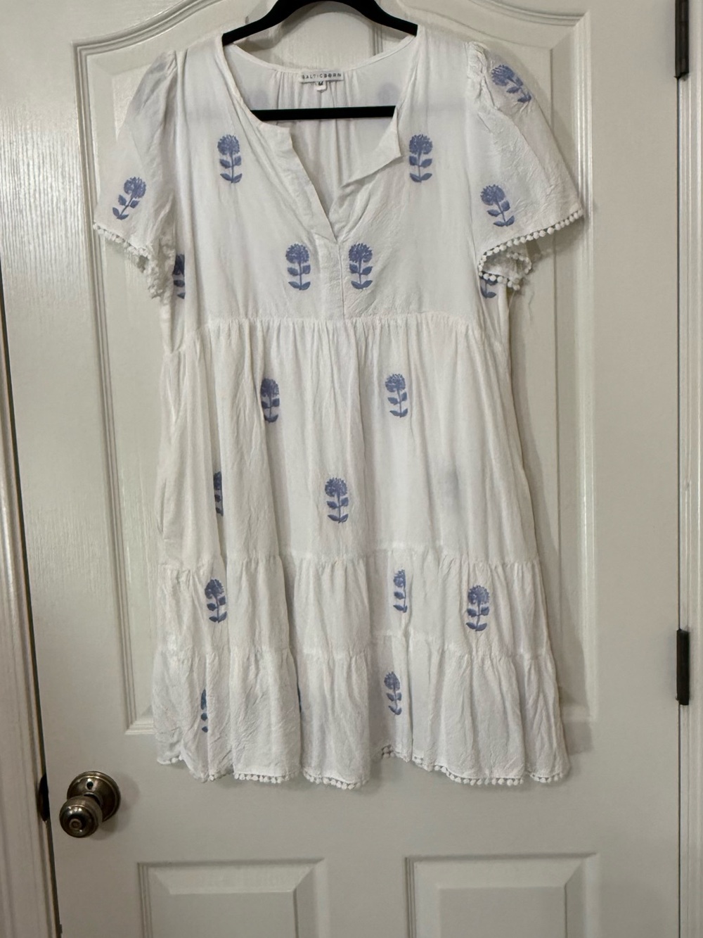 Baltic Born White Tiered Dress with Blue Floral Motif